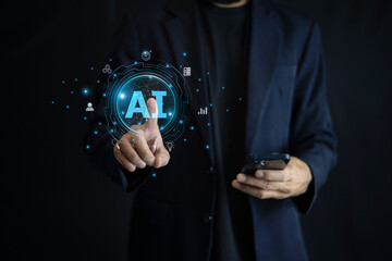 Businessman using AI-powered technology on a mobile device, showcasing innovation and seamless integration of artificial intelligence into daily operations.