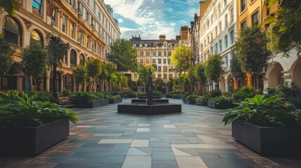 A clean and modern square surrounded by architectural marvels and lush green planters