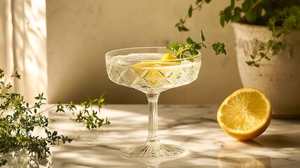 Sparkling cocktail in coupe glass with lemon and thyme garnish.
