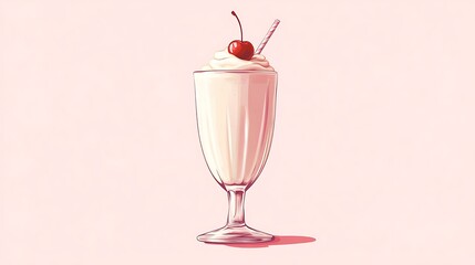Creamy Milkshake in a Glass with Cherry and Straw on Top