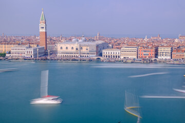 Long exposure view of venice from guidecca with shadows of sailing boats
