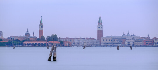 Frozen view of venice skyline and guidecca from lido