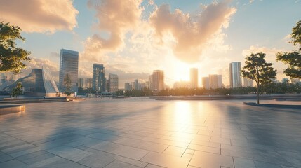 Obraz premium A clean, empty square with stone paving and a backdrop of futuristic city buildings at sunset
