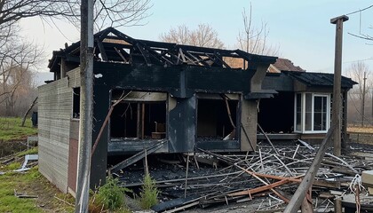 Fototapeta premium A small house destroyed by fire. Generated by AI.