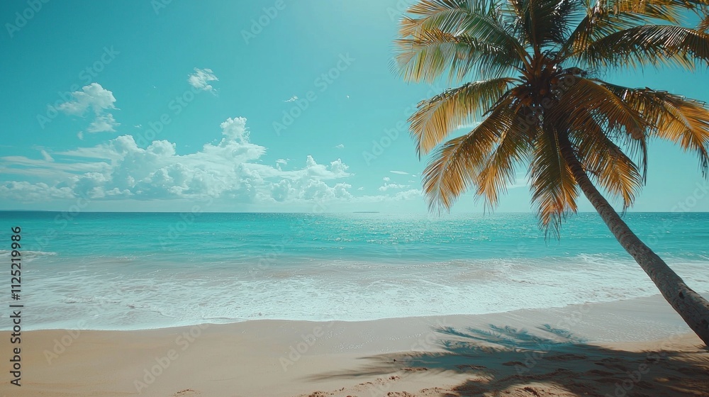Aufkleber Sunlight sparkles on the gentle waves as palm trees sway in the warm summer breeze, creating a perfect tropical getaway. Soft sand invites relaxation under a serene sky