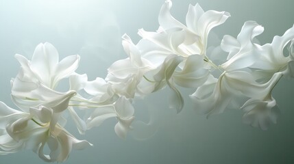 Beautiful white jasmine flowers falling in the air isolated on gray background.