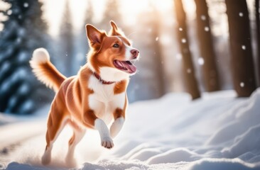 A red-haired dog runs in a winter forest