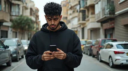 Young hispanic man focused on smartphone in a busy urban street during daylight hours - Powered by Adobe