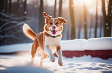 A red-haired dog runs on a sunny winter day