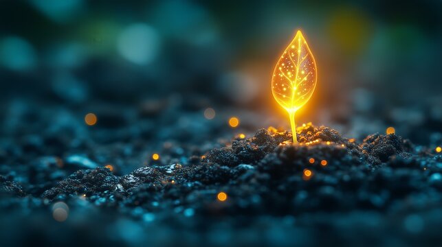 Glowing plant leaf sprouting amidst dark soil with magical light effects