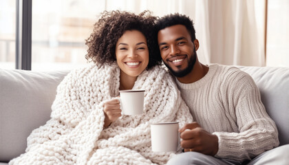 Cozy living room scene with joyful middle-aged african american couple on sofa, wrapped in soft knitted blanket. They hold warm coffee cups and smiling. Natural light creates warm inviting ambiance.