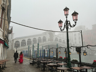 Early foggy morning at Rialto Bridge Venice