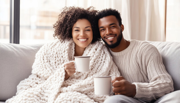 Cozy living room scene with joyful middle-aged african american couple on sofa, wrapped in soft knitted blanket. They hold warm coffee cups and smiling. Natural light creates warm inviting ambiance. - Powered by Adobe