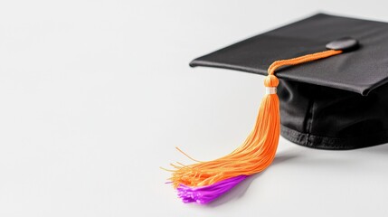 Black graduation cap with orange and purple tassel on white background.