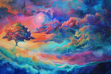 cosmic landscape: vivid hues of celestial beauty with a tree under starry skies. generative ai