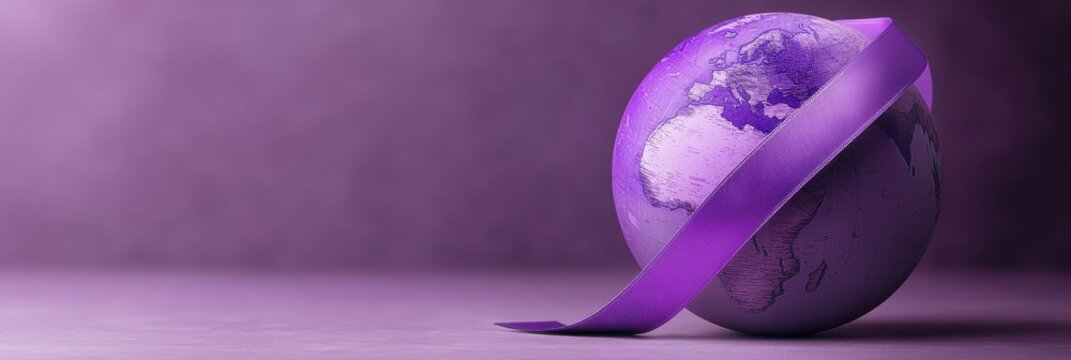 Global Awareness Purple Ribbon Encircling Earth Globe for Epilepsy Awareness Day, World Cancer Day, and Domestic Violence Awareness