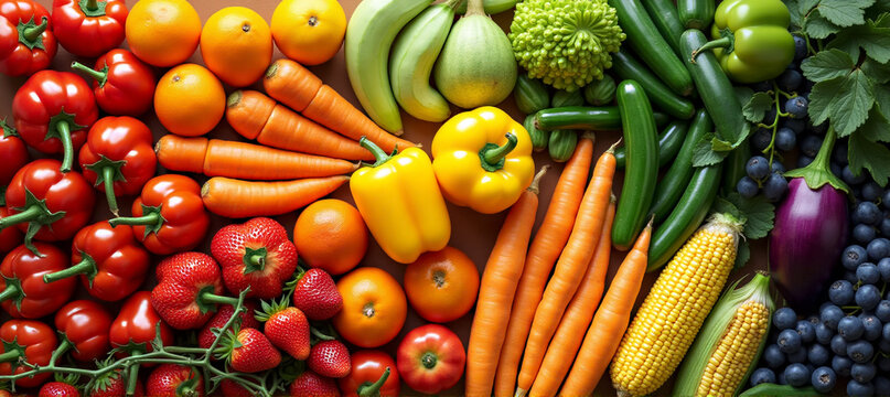 A top down view of an assortment of fresh organic fruits and vegetables, beautifully arranged in a rainbow spectrum, highlighting vibrant colors and textures