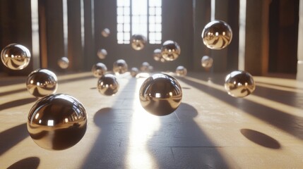 Metallic spheres, sunlight, spacious room, shadows.