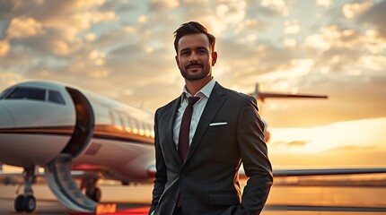 modern business executive in suit stands on red carpet, facing private jet.  - Powered by Adobe