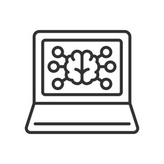 Brain analyzer laptop, icon in line design. Brain, analyzer, laptop, technology, intelligence, neuroscience, data on white background vector. Brain analyzer laptop, editable stroke icon