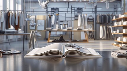An open fashion book on a modern, minimalist table in a fashion school, with a backdrop of stylish clothing racks and design boards.