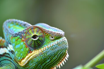 Fototapeta premium A striking close up reveals a chameleon blending beautifully into its natural environment. The delicate features and vivid colors showcase natures artistry in the wild.