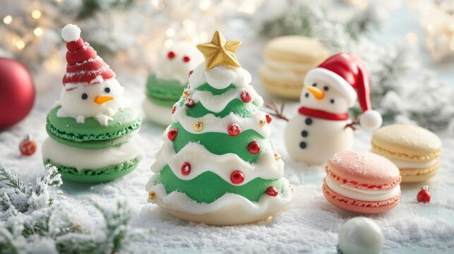 Whimsical Christmas Setup Featuring Macarons and Festive Treats