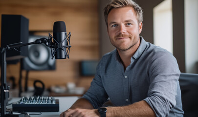 Man recording podcast in professional studio setup. Engaging in live streaming session with microphone and headphones. Concept of podcasting and online broadcasting.