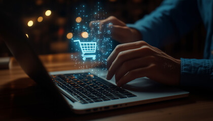 Close-up shot of man hands interacting high tech laptop doing online shopping. Fingers touching glowing keyboard on wooden desk. High-tech concept in futuristic vibe.