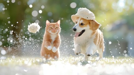 Playful ginger cat and corgi dog playing outdoors in a sunny garden.