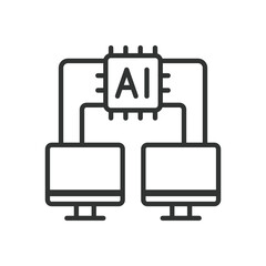 Computer Communication with AI, icon in line design. Computer, communication, AI, connection, technology on white background vector. Computer Communication with AI editable stroke icon