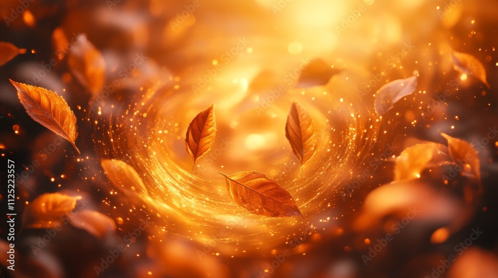Poster autumn leaves spin gracefully in a warm, golden light, creating a captivating swirl that envelops th