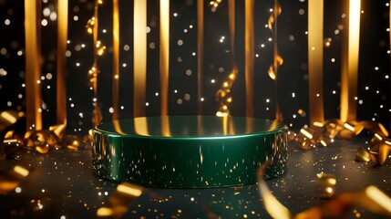 Empty Green Round Pedestal Showcased Amid Golden Cascades