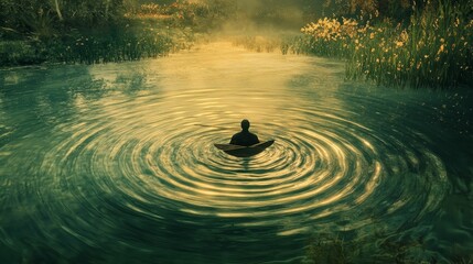 Solitary figure paddles on calm, green water.