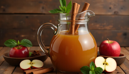 Fresh apple cider with cinnamon sticks, mint leaves, and apples on a wooden background