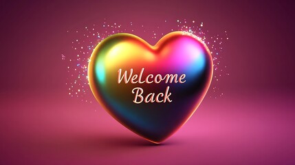 3D glowing heart emoji with rainbow gradient, "Welcome Back" in sparkling text, dark pink background