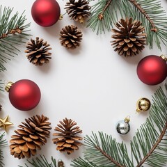 Flat lay of Christmas ornaments, pine cones, and festive decorations arranged on a white background. 