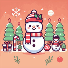 Vector happy snowman facing forward with his red hat