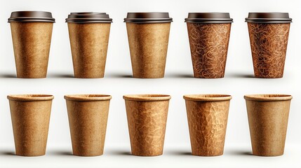 A variety of minimalist blank kraft coffee cups arranged thoughtfully, highlighting different textures and patterns perfect for artistic endeavors