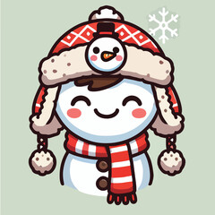 Vector happy snowman facing forward with his red hat