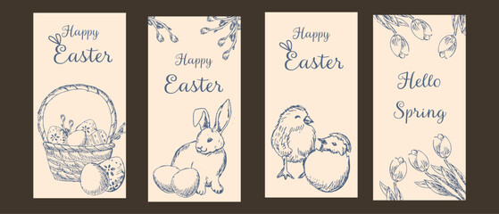 Happy easter graphic ink greeting cards set. Hand drawn outline sketch of bunny, eggs, chicken, spring flowers and roses. Pencil drawing art.