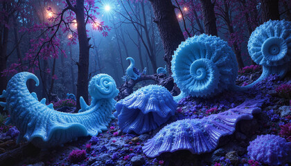 Fototapeta premium Surreal underwater scene featuring colorful seashells in a mystical forest setting