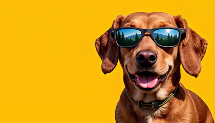 Happy dog wearing sunglasses with a bright yellow background