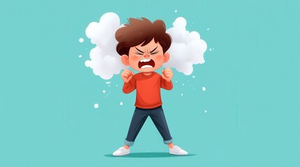 An animated boy in a red shirt expresses frustration, with steam clouds around him, illustrating a moment of anger.