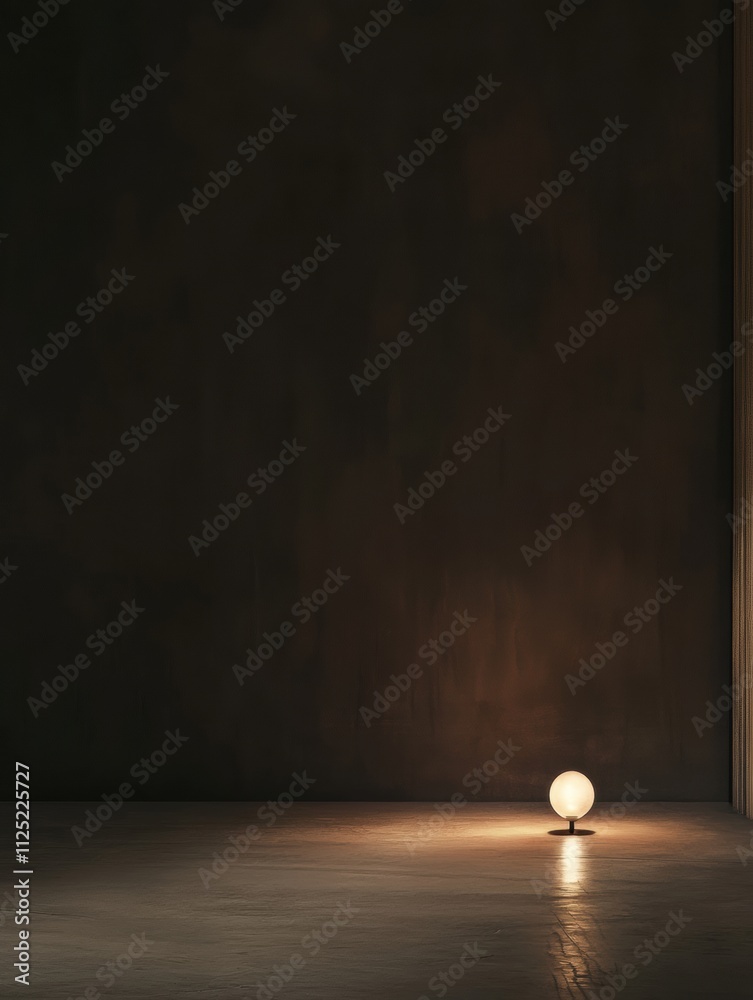 Poster in a dark, empty room, a small bulb casts a gentle glow, highlighting the starkness and evoking feel