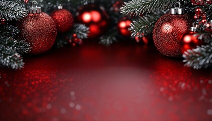 Obraz premium A festive red Christmas background featuring sparkling baubles and cypress branches in a minimalist design.