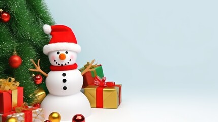 Christmas background with snowman and gift boxes.