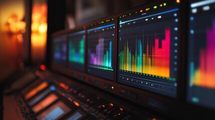 Fototapeta premium Colorful data graphs displayed on control panel.