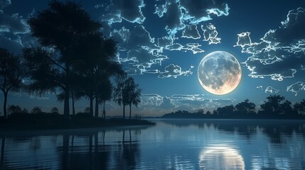 Beautiful moonlit night with a full moon and cloudy sky, highlighting the silhouettes of trees and a calm lake