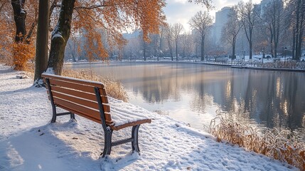 Naklejka premium Bench in the city snow covered winter park with a lake